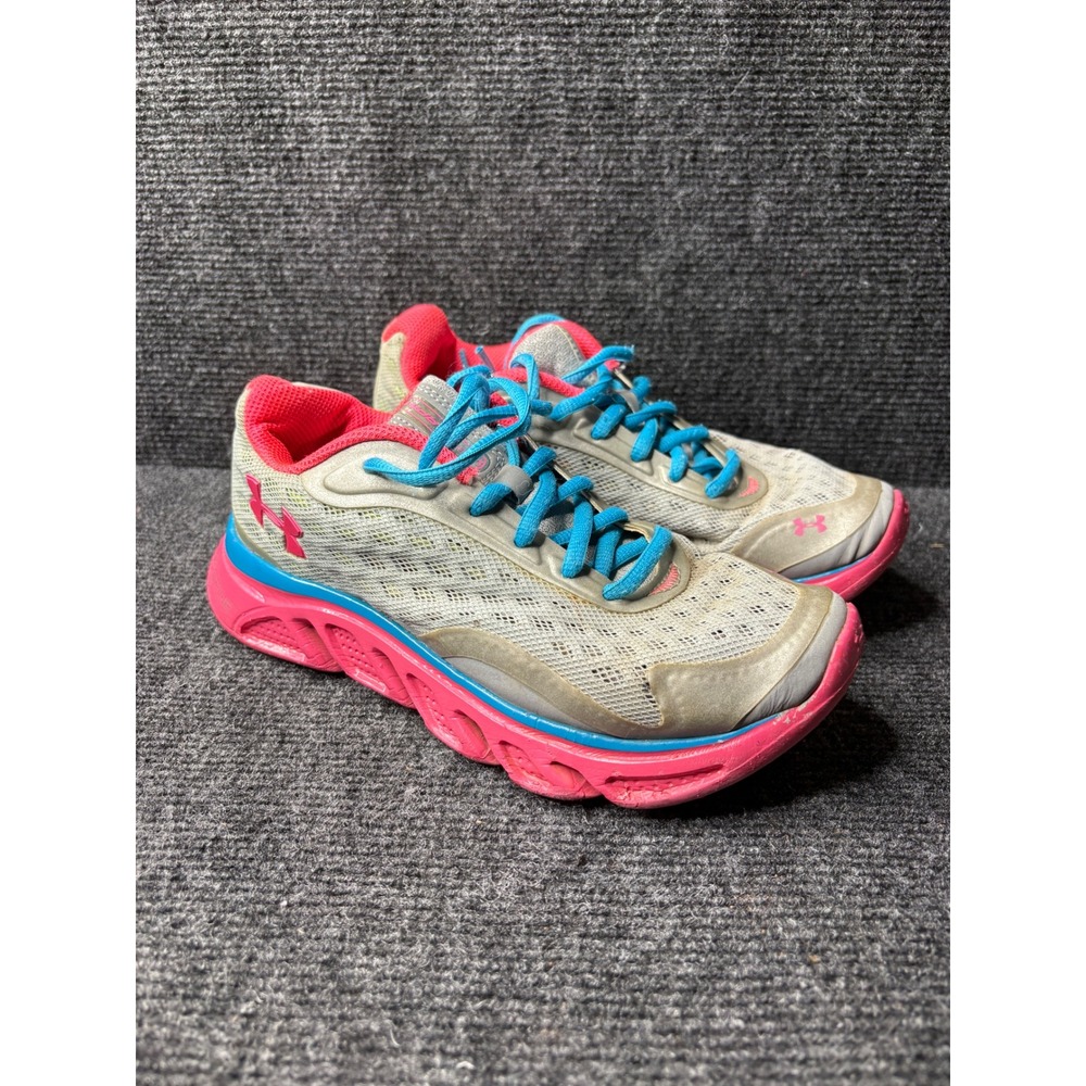 Under‎ Armour Spine Girls Running Shoes Grey Pink Blue Size 4Y 1247109-001